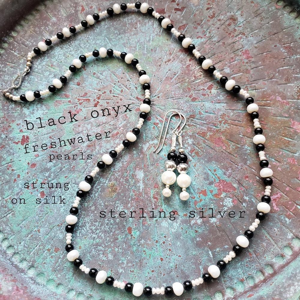 Onyx Pearls Sterling Set